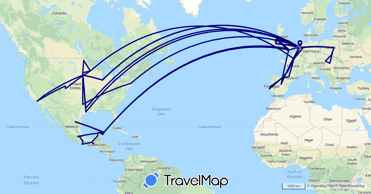 TravelMap itinerary: driving in Germany, Spain, France, United Kingdom, Hungary, Ireland, Mexico, Netherlands, Poland, Portugal, Slovakia, United States (Europe, North America)